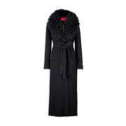 Zwarte Wol Lange Jas met Afneembare Bont Kraag Aniye By , Black , Dame...