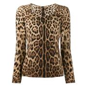 Luipaardprint Zijden Top Ronde Hals Dolce & Gabbana , Brown , Dames