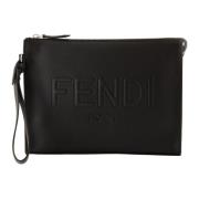 Grained Leather Roma Clutch Fendi , Black , Heren