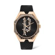 Zwarte Leren Quartz Analoge Horloge Police , Black , Dames