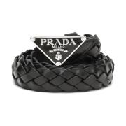 Driehoekig Logo Gevlochten Leren Riem Prada , Black , Heren