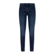 Skinny Fit Denim Jeans met Leren Logo Emporio Armani , Blue , Dames