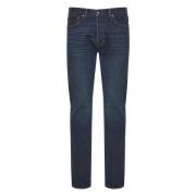 Katoenmix Jeans met Leren Logo Tom Ford , Blue , Heren