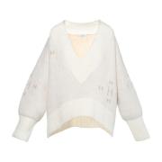 V-Neck Sweater Heavy Knitwear Tops Wit Hést , White , Dames