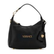 Zwarte leren Hobo Handtas Versace , Black , Dames