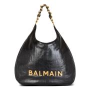 Zachte Hobo Groot Geëmbosseerde Leren Handtas Balmain , Black , Dames