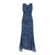 Denim Mesh Jurk met Ruches Ganni , Blue , Dames