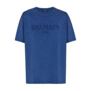 Navy Blauw Logo Print T-shirt Balmain , Blue , Heren