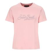 Roze Katoenen T-shirt met Strass Logo Saint Barth , Pink , Dames