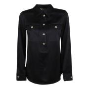 Zwart Satijn Crepe Shirt Polo Stijl Michael Kors , Black , Dames