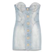 Heldere Blauwe Denim Sweetheart Jurk Balmain , Blue , Dames