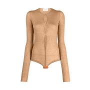 Geribbelde Gebreide Button-Up Bodysuit Sportmax , Beige , Dames