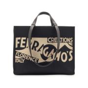 Raffia Leren Tote Tas met Logo Salvatore Ferragamo , Black , Dames