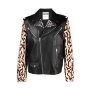 Luipaardprint Leren Bikerjack Moschino , Black , Heren