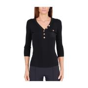 Zwarte Zijden V-Hals Ribtop Elisabetta Franchi , Black , Dames