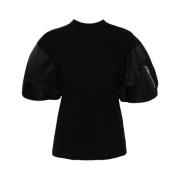 Zwart Katoenen Panelen Ronde Hals T-shirt Sacai , Black , Dames