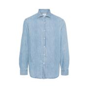 Lichtblauwe Denim Spread Kraag Shirt Brunello Cucinelli , Blue , Heren