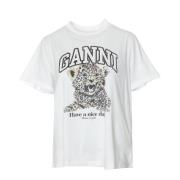 Leopard Jersey T-shirt Ganni , White , Dames