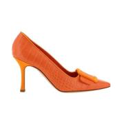 Krokodil-Effect Leren Amandel Teen Pumps Manolo Blahnik , Orange , Dam...