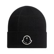 Geruite Gebreide Logo Beanie Hoed Moncler , Black , Heren