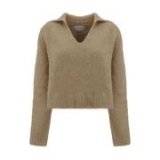 Alpaca V-hals Trui met Klassieke Kraag Loulou Studio , Beige , Dames