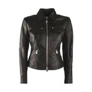 Leren bikerjack met stoffen inzetstukken Pinko , Black , Dames