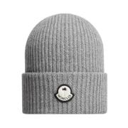 Wollen Gebreide Logo Patch Beanie Hoed Moncler , Gray , Unisex