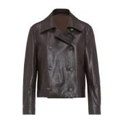 Donkerbruine Dubbelborst Leren Jas Brunello Cucinelli , Brown , Dames