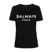 Zwart & Wit Katoenen Logo T-Shirt Balmain , Black , Dames