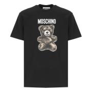 Zwart Katoenen T-shirt met Logo Print Moschino , Black , Heren