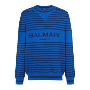 Gestreepte wollen en linnen crewneck Balmain , Blue , Heren