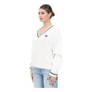 Crème Gebreide Trui met V-hals Tommy Jeans , White , Dames