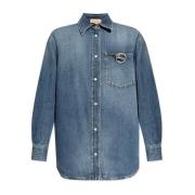 Denim shirt met parel knoopsluiting Gucci , Blue , Dames