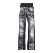 Wijde denim jeans met een biker-print Balmain , Black , Heren