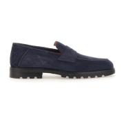 Blauwe Suède Mocassins met Uitsnede Santoni , Blue , Heren