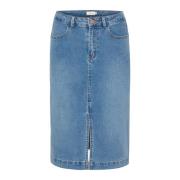 Denim Rok met Klassieke Snit en Voor Split Cream , Blue , Dames