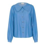 Blauwe Denim Vrouwelijke Blouse met Ruchekraag Cream , Blue , Dames