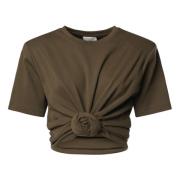 Bruine Geribbelde T-shirt met Knoopdetail Magda Butrym , Brown , Dames