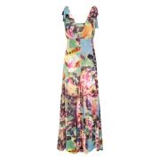 Bloemen V-hals Lange Jurk Multicolor Pinko , Multicolor , Dames