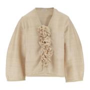 Zijden V-hals top met wijde mouwen By Herenne Birger , Beige , Dames