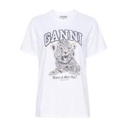 Luipaardprint Katoenen T-shirt Ganni , White , Dames