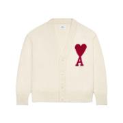 Crèmekleurige Wollen Cardigan met Hartdesign Ami Paris , White , Heren