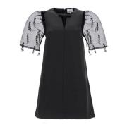 Organza-mouw midi jurk met franjes Ganni , Black , Dames