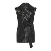 Zwarte leren vest met brede kraag Bruuns Bazaar , Black , Dames