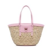 Handgeweven Raffia Leren Tas Pinko , Beige , Dames