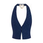 Blauwe Satijnen Vest met Diamant Jacquard Elisabetta Franchi , Blue , ...