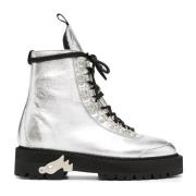 Metallic Leren Enkellaarzen Off White , Gray , Dames