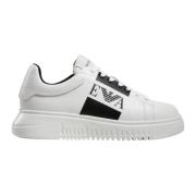 Witte leren sneaker met zwart logodetail Emporio Armani , White , Here...