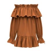 Bruine Off-Shoulder Katoenen Jurk met Zakken Saint Laurent , Brown , D...