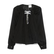 Zwarte Blouse met Knoopmanchet en Keyhole Hals Forte Forte , Black , D...